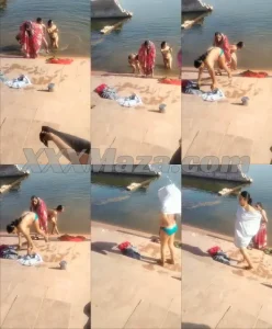 Topless Indian Bhabhi Group Bathing in Pond